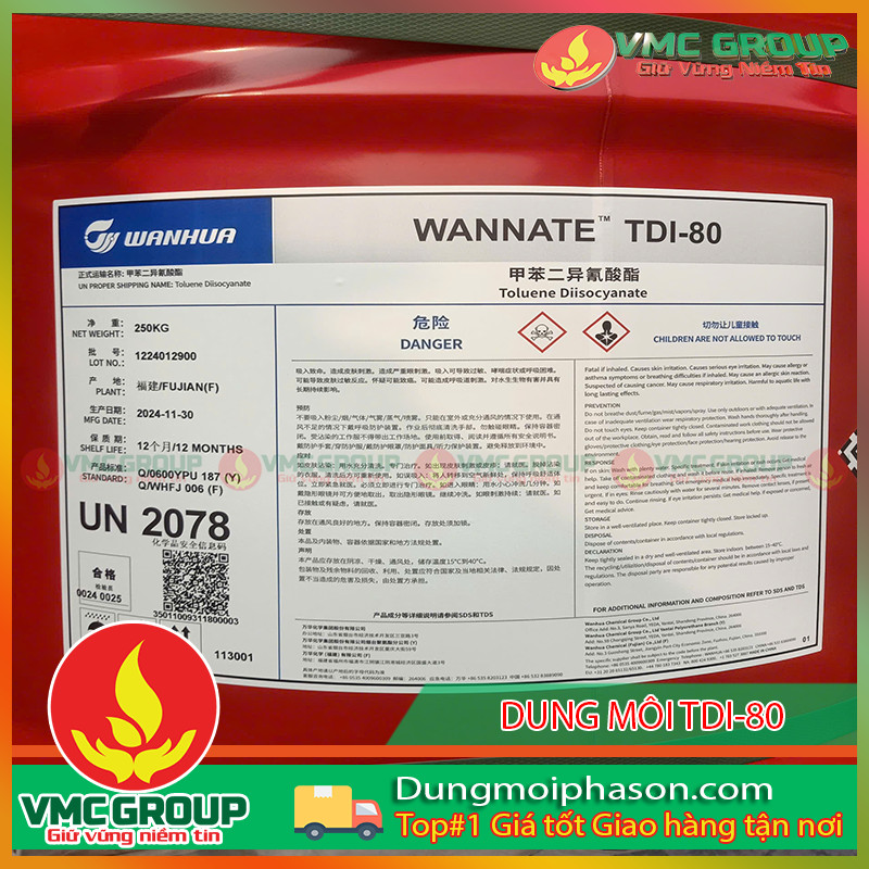 DUNG MOI TDI-80 - TOLUENE DIISOCYANATE PHUY 250KG TRUNG QUOC